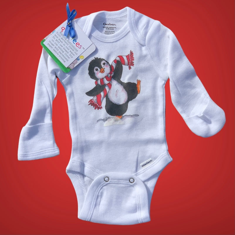 "winter" baby onesie penguin with scarf