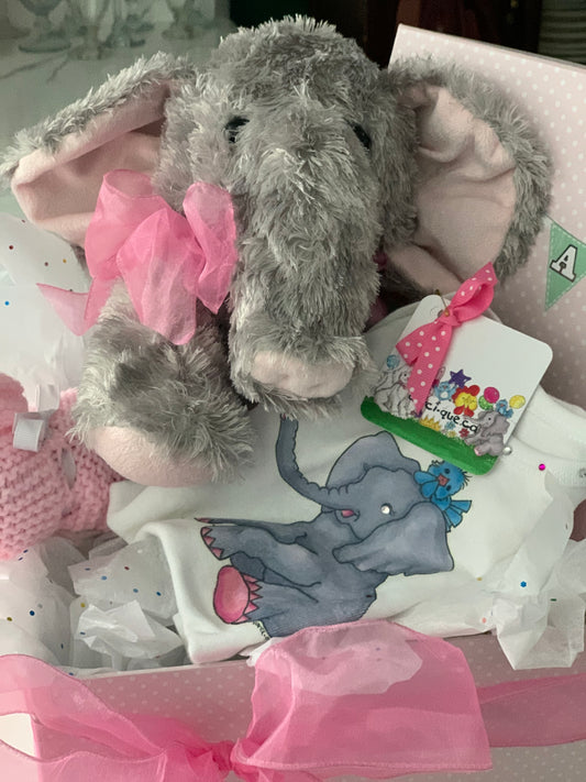 quetee gift box elephant stuffy and quetee onesie