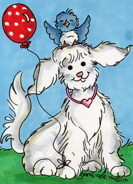 Dog with Polka Dot Balloon Greeting Card