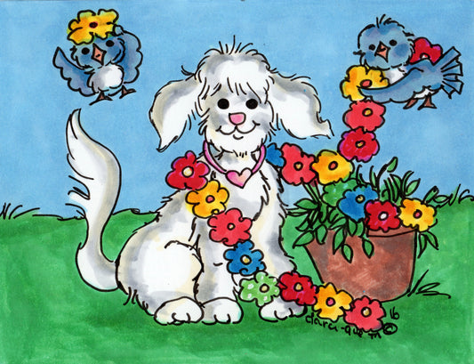 Dog with Flowers Greeting Card